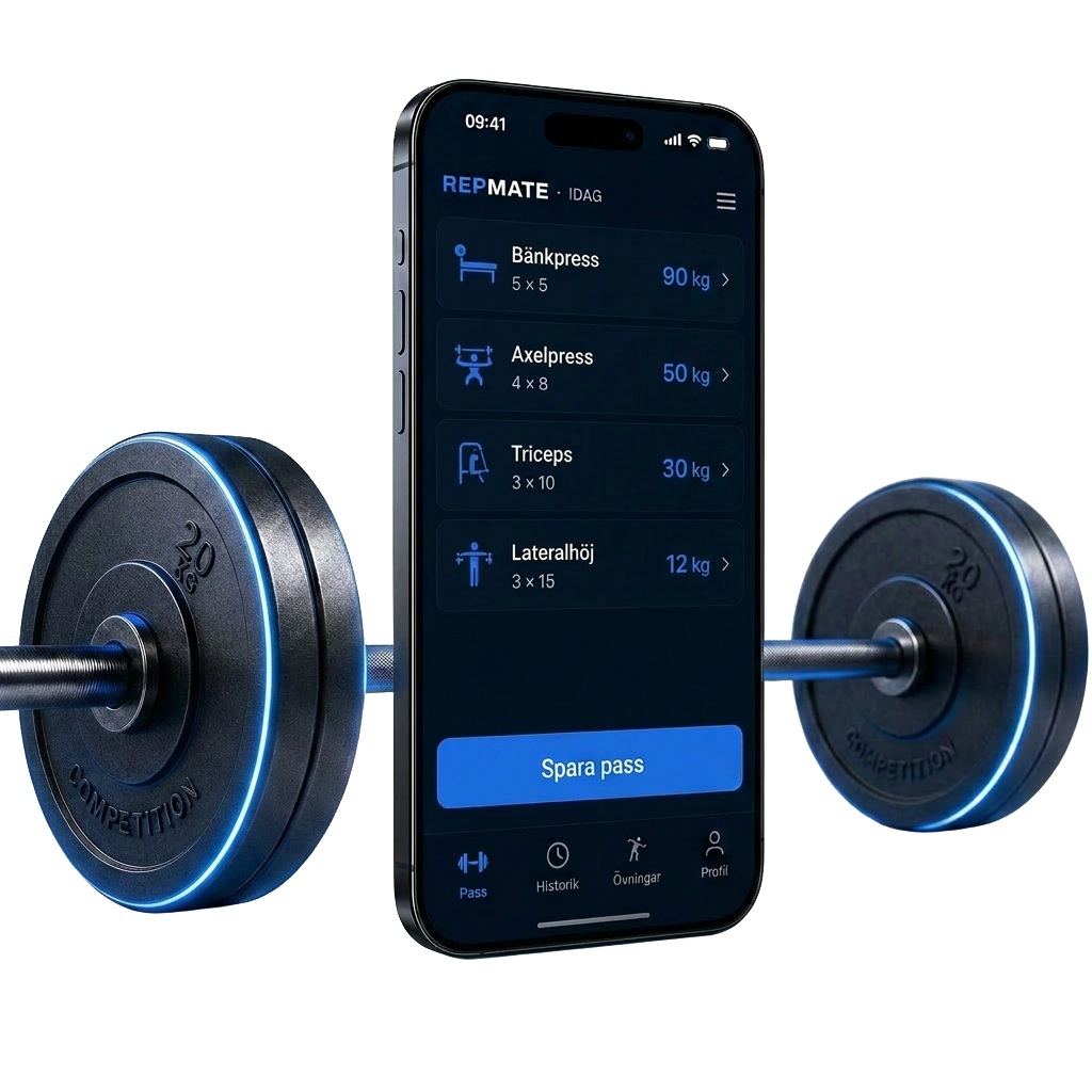 RepMate-app som visar ett Push-pass med skivstång i blått ljus